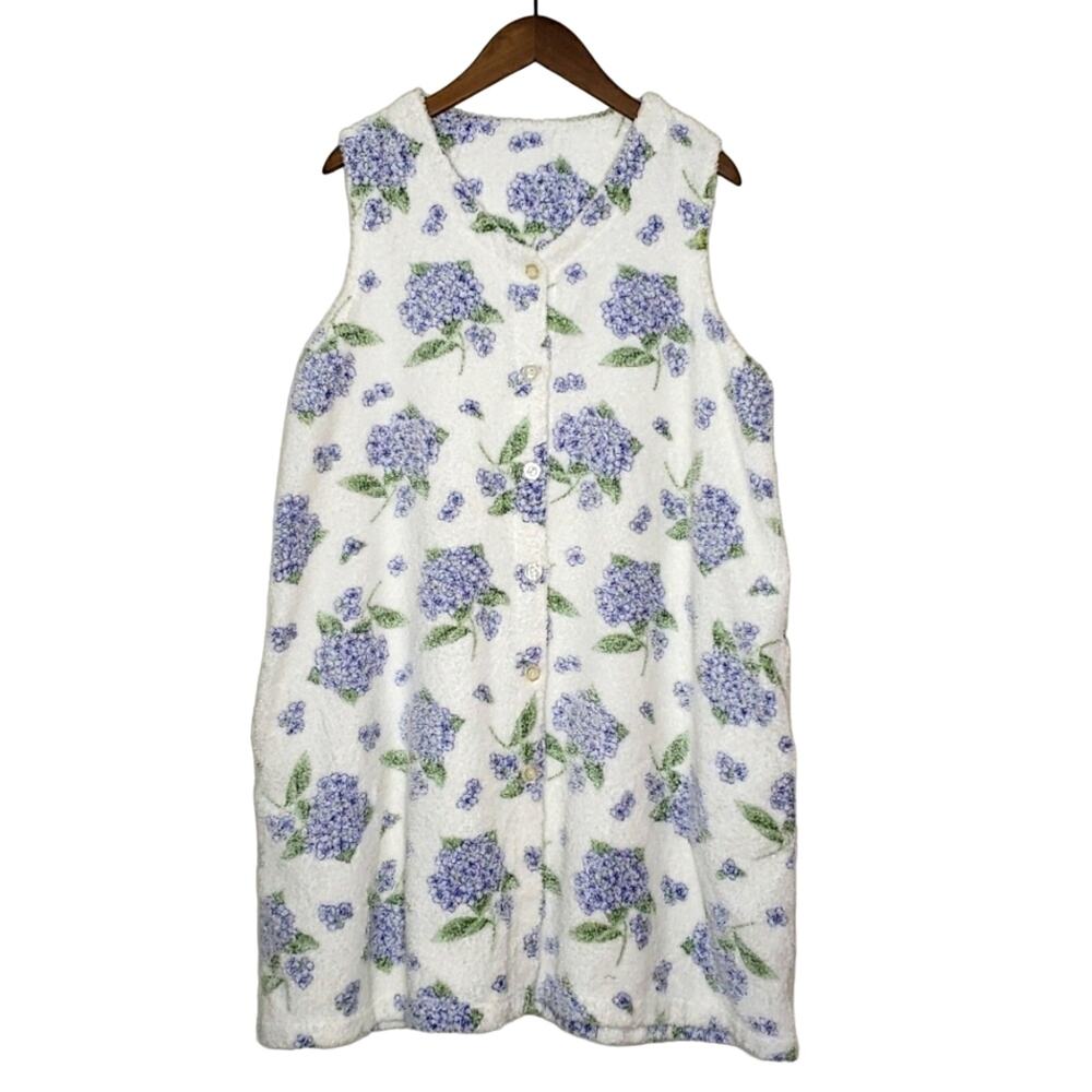 Delicates Spa White & Blue FLoral Print Terry Cloth Sleeveless Bath Dress Size L